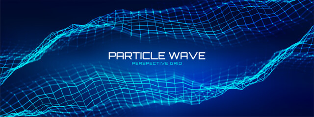 Network wave with blue light particles and AI sound tech for 3D data geometrics. Energy wavy mesh with bokeh illustration and cosmic cyber effect for business surfaces. Hi tech background.
