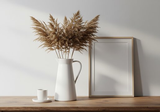 Tall white pitcher with dried grasses and blank frame on wooden surface