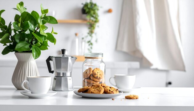 Kitchen scene with coffee cups, espresso maker, cookies, jar, green plant, towel, and a blurred background