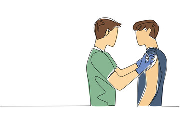Single continuous line drawing male doctor is injecting a male patient. Giving the first vaccine. Dangerous corona virus. Live healthier. National Safety Dose Day. One line design vector illustration