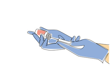 Continuous one line drawing blue gloved hand filling a syringe from a vaccine vial. Measuring the best dose. Curing viruses. National Safety Dose Day. Single line draw design vector illustration
