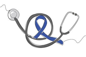 Single continuous line drawing stethoscope with coiled cable and in the middle is a blue campaign ribbon. Care about preventing. National Tuberous Sclerosis Day. One line design vector illustration