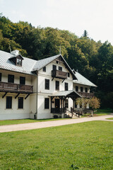Traditional, white old, polish wooden house at Ojcowski National Park in Poland