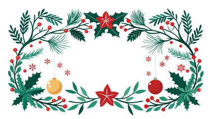 Vector art of christmas frame with festive decorations holiday border with pine branches, holly leaves, berries, and ornaments