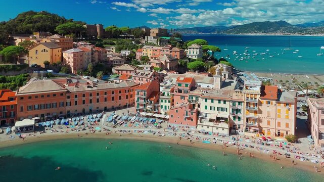 Aerial view of the picturesque resort town of Sestri Levante in Liguria, Italy