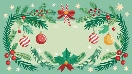 Vector art of charming christmas frame with candy canes, ornaments, and pine branches, creating a whimsical and festive border for holiday cheer
