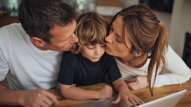 Family using digital technology for mortgage process at home, working together in modern kitchen with laptop, child learning and parents supporting