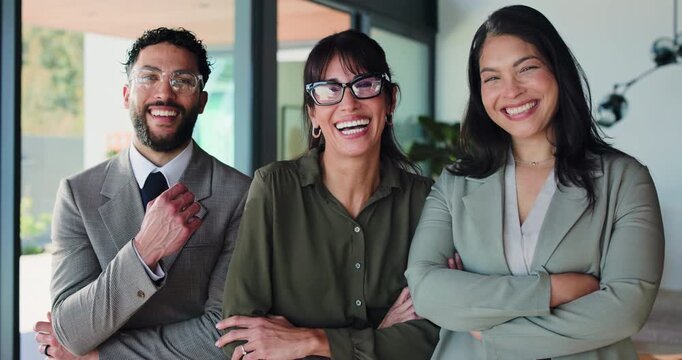 About us, face and laughing with business people in office together for comedy, humor or team. Arms crossed, corporate and funny with employee group at work for friendly introduction to company