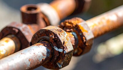 Close-up shot showcasing weathered, rusted metal pipes and fittings, highlighting textures, decay, and intricate connections