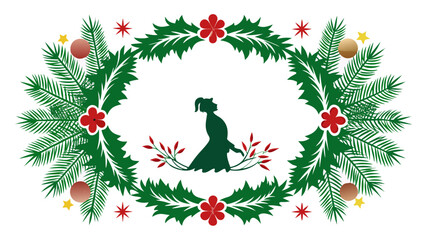 Vector art of a festive christmas wreath with a silhouette of a woman in prayer, surrounded by holly, ornaments, and stars