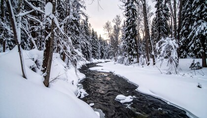 A winter scene of a snow-covered forest and a flowing river under a soft sky. Evergreen trees line the riverbanks