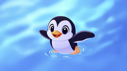 Cute cartoon penguin swimming blue water, expressing joy and playfulness. This adorable character brings happiness and charm