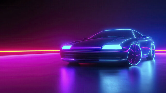 Futuristic car with neon lights dark environment, showcasing vibrant colors and sleek design. atmosphere evokes sense