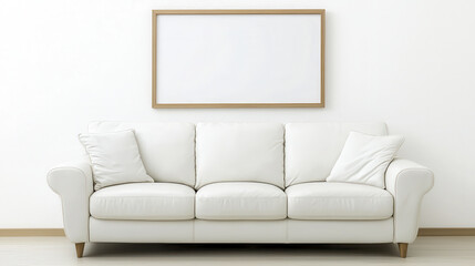 Fototapeta premium Modern white sofa with decorative pillows sits against plain wall, featuring blank frame above it, creating minimalist