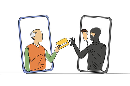 Single one line drawing grandpa out of his smartphone and hands his credit card to a masked thief. Camouflage. Crime. National Senior Fraud Awareness Day. Continuous line design graphic illustration