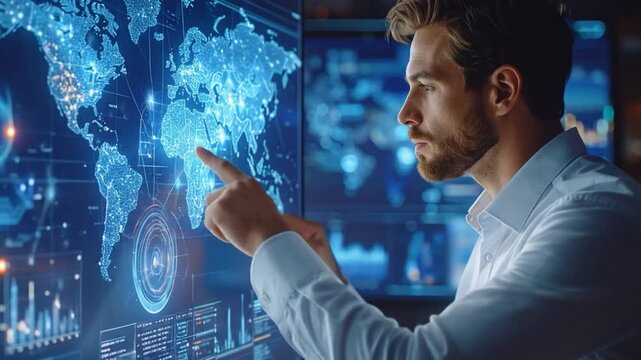 Analyzing Data Across the Globe: A Professional Man in the Digital Realm - Powered by Adobe