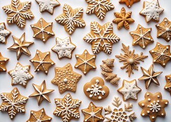 Fototapeta premium A delightful assortment of festive gingerbread cookies decorated with white icing, arranged on a white background