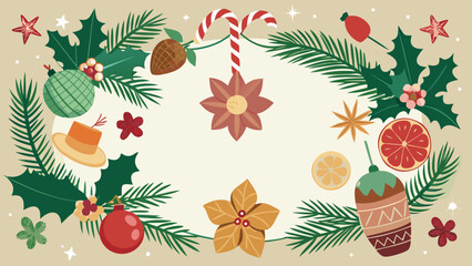 Vector art of vintage christmas frame with poinsettia, holly, fir branches, candy cane, star, and ball for festive decoration
