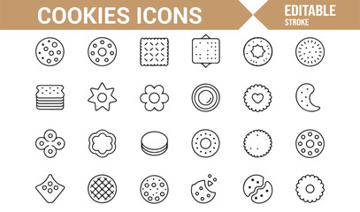 Outline bakery cookie and biscuit symbols set for dessert and snack themes