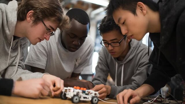 Students team up to build and program a robot car in a workshop