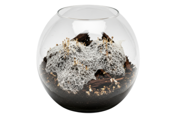 Mycelium fungus network growing on wood in a glass terrarium on a transparent background