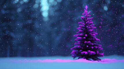 Beautiful Christmas tree illuminated in purple, surrounded by falling snowflakes, creates magical winter scene