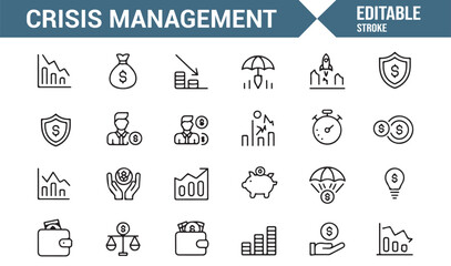Vector pack of crisis management symbols for risk control and recovery themes