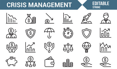Editable stroke vector set showing crisis control and business strategy elements