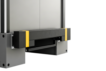 Black industrial safety bumper with yellow warning stripes on a transparent background