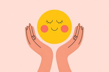 Embrace inner peace with mindful hands gently cradling a serene smiley face, promoting wellness, self-care, and positive emotions in a modern, comforting way