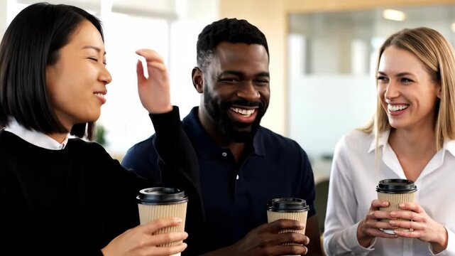 Diverse Coworkers Enjoy Coffee Break and Laughing Together at the Office