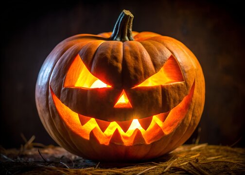 A menacingly carved halloween jackolantern pumpkin with a fierce expression glows brightly with inner light