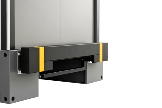 Black industrial safety bumper with yellow warning stripes on a transparent background