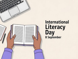 Celebrate International Literacy Day with a book and laptop for education success, perfect for social media campaigns and promoting reading on September 8th