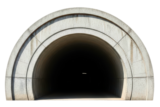 Concrete arched tunnel entrance leading into darkness on a transparent background