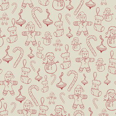 christmas seamless pattern with snowman, candy and toys