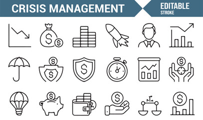 Linear financial crisis icons with shield, chart, and piggy bank symbols