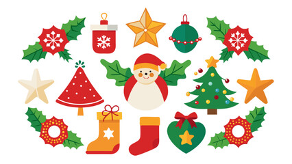 Fototapeta premium Vector art of festive christmas elements, including ornaments, gift boxes, socks, stars, and holly leaves for holiday designs