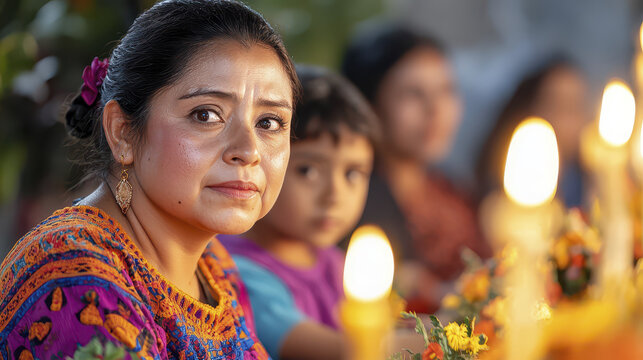 Woman with thoughtful expression, wearing colorful traditional outfit, surrounded by family members during celebration - Powered by Adobe