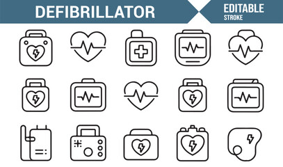 Emergency healthcare icon set including defibrillator, heart, and ECG symbols