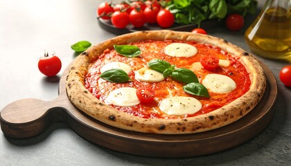 Delicious Margherita Pizza with Fresh Basil and Tomatoes on Wooden Board.