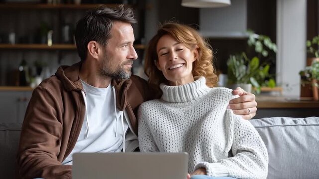 Digital mortgage process unites happy couple home using laptop for online application, reviewing documents together cozy sofa modern living room with
