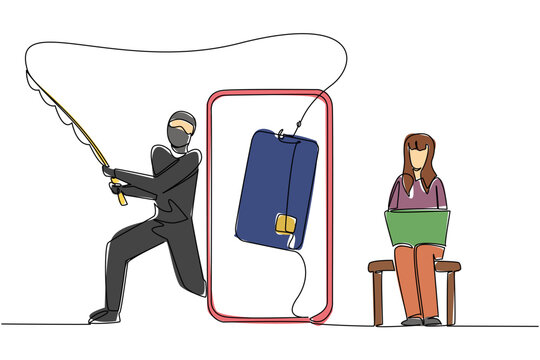 Single continuous line drawing a woman sits on small sofa hold laptop and thief fishing credit card. No security layer. Hack. National Senior Fraud Awareness Day. One line design vector illustration