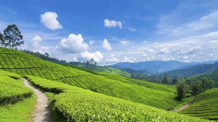 Lush green tea plantation landscape with rolling hills and blue sky, creating serene atmosphere