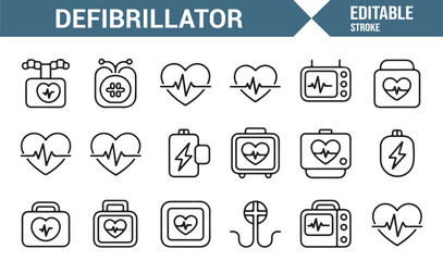 Editable stroke defibrillator vector symbols with heart, pulse, and monitor icons