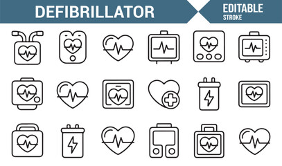 Defibrillator line icons set for healthcare, medical, and emergency concepts
