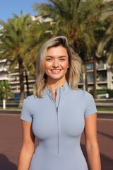 Portrait of happy young woman in sportswear outdoors