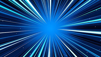 Abstract burst of speed, dynamic energy, or cosmic explosion, radial lines of light converging toward a central point, cool blue hues