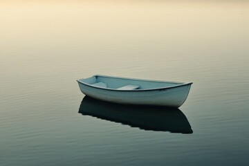 Naklejka premium Solitary rowboat at sunset on calm water reflection