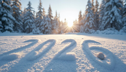 Numbers 2026 Written in Snow with Forest Background